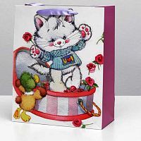 Пакет подарочный ламинир. "Котик с цветами" 26*32*12см